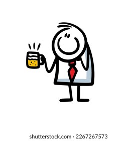 Stickman in office suit and red tie holds a glass cup of beer. Vector illustration of doodle businessman in the bar after work.