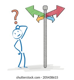 Stickman on the crossroads on the white background. Eps 10 vector file.