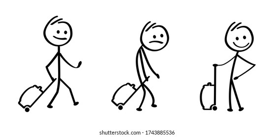 Stickman on vacation, trolley case Smile emoji icons Funny bags Comic stick figures man woman Vector airport sign Drawing cartoon person Travel suitcase, luggage for holiday Baggage or handbag to roll