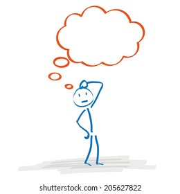Stickman with orange thought bubble on the white background. Eps 10 vector file.