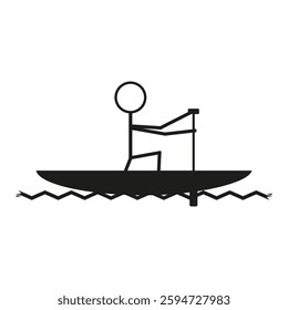 Stickman with paddle canoe. Rowing vector figure. Water activity icon. Aquatic motion shape. EPS 10.