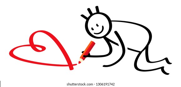 Stickman painting red heart, male stick figure kneeling and drawing heart on the floor with red pencil