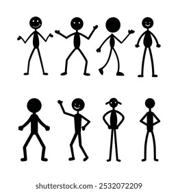 Stickman People Person Poses Postures Standing Walking Running Fast Speed Set Various position silhouette