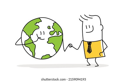 Stickman y planet earth se toman de la mano. Salvemos el concepto del mundo. Estilo Doodle. Ilustración vectorial.