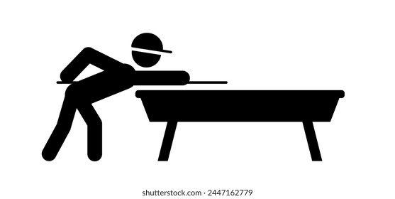 Stickman play billiards on billiard table or snooker table with cues and balls. Cartoon pool table with cue and ball. Sports game tools. Game rules.