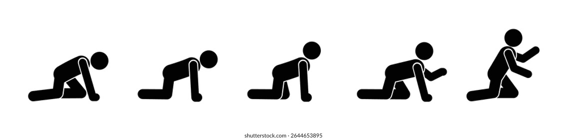 Stickman pose collection showing various crawling and kneeling positions. Black figures on white background. Minimal vector design for concepts of movement, action, or gesture.