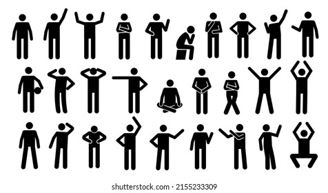 Stickman postures. Black silhouette simplified people, human figures standing in various relaxed postures. Vector man pictogram isolated set. Illustration of various standing human figure