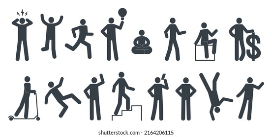 Stickman postures. Primitive little man pictogrames, monochrome people signs, different poses, standing and walking, yoga and fitness, falling and climbing, business man, nowaday vector set