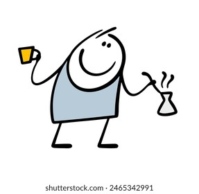Stickman prepares breakfast, brews coffee in a turk and holds a mug. Vector illustration of hot drink characters. Cartoon person boy isolated on white background.
