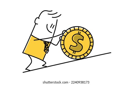 Stickman pushes the coin up. Doodle style. Vector illustration.