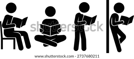 Stickman reading poses silhouette set, Book lover study and education character collection, Learning student library and literature icon pack