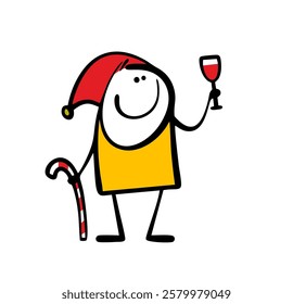 Stickman in a red Christmas hat holds a striped lollipop and raises a glass of wine. Vector illustration of a Christmas elf drinking alcohol, Santa Claus' assistant. Isolated funny character on white.