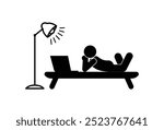 stickman relaxing on sofa with laptop, stick figure man lying down, human silhouette icon