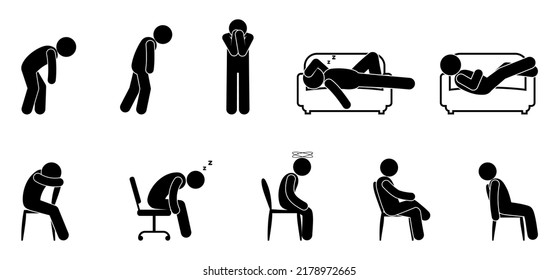 Stickman Resting, Overwork Icon, Stick Figure Man Resting, Isolated Human Vector Silhouettes