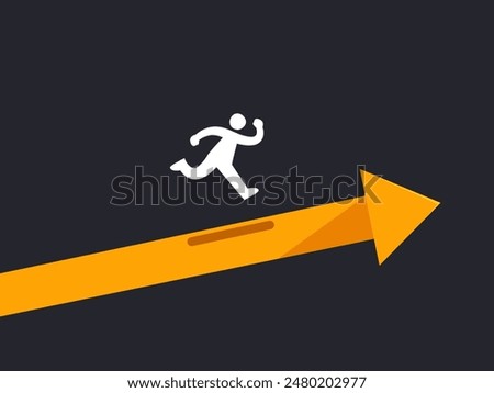 A stickman is running forward on top of yellow arrow. Vector Illustration
