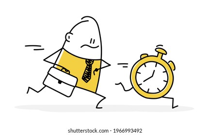 Stickman rushes to do everything at work, time is running out. Work time management concept. Vector illustration.