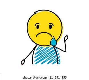 Stickman with sad emoji. Vector.