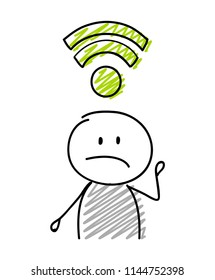 Stickman with sad facial expression holiding wifi (internet) icon. Vector.