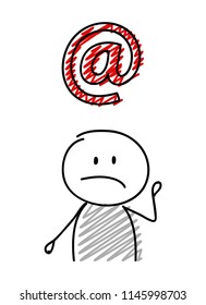 Stickman with sad facial expression holiding email adress icon. Vector.