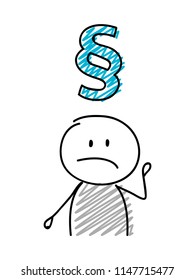 Stickman with sad facial expression holiding paragraph (section mark) icon. Vector.