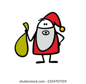 Stickman Santa Claus in a red coat and hat holds a green bag with gifts. Vector illustration of a cartoon man with a beard. Merry Christmas. Hand drawn stick figure character isolated.