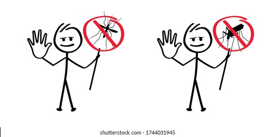 Stickman Say Stop Malaria Smile Emoji Icons Funny Comic Stick Figures Man Woman Vector Sign Drawing Cartoon Person Stop Zika, Dengue No Mosquito Bite And Infection World Malaria Day Free Warning Signs