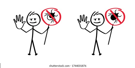 Stickman say stop ticks Emoji icons Funny comic stick figures man woman Vector sign Drawing cartoon person Beware of ticks warning signs bite and infection insect virus for preventie Lyme or lymphoma 