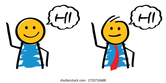 Stickman says hi Happy smile stickman emoji icons Funny comic stick figures man, woman Vector hello communication emotions sign drawing cartoon person Welcome abc joyful dude World hello day idea