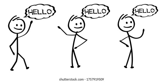 Stickman says hi Happy smile stickman emoji icons Funny comic stick figures man, woman Vector hello draw saying emotions sign drawing cartoon person Welcome abc joyful dude World hello day idea Hey