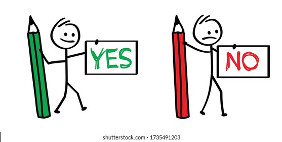 Stickman says yes or no Saying DOs or DON'Ts, dont Happy smile Emoji icons Funny comic talking stick figures man, woman Vector communication emotions sign drawing cartoon person Say good or wrong