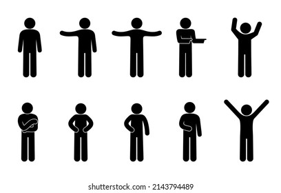 conjunto de stickman, gestos y poses de mano, silueta humana con figura de palo, icono vectorial, colección de personas base