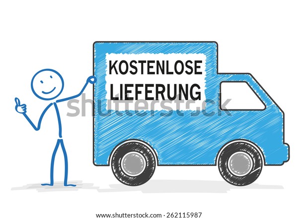 Stickman with shipping car on the white. German\
text \
