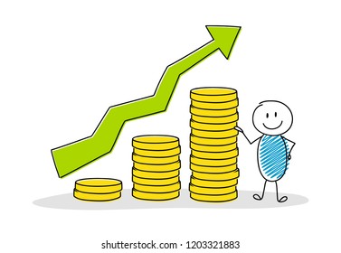 Stickman showing chart with coin stacks. Vector.
