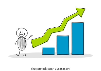 Stickman showing chart with columns. Vector.