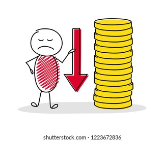 Stickman showing decreasing coin stacks. Vector.