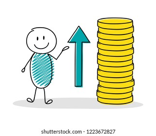 Stickman showing rising coin stacks. Vector.