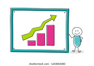 Stickman showing whiteboard with chart with columns. Vector.