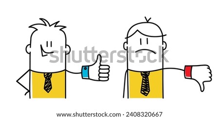 Stickman shows a gesture of approval and disapproval. Like and dislike. Good and bad. Cartoon style. Vector illustration.