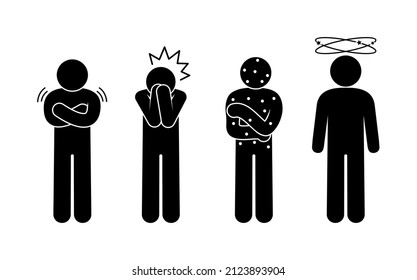Stickman sick, disease symptoms illustration. Rash, dizziness, chills and pain. Vector man icons.