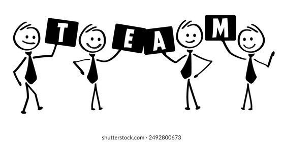 Stickman and signs with team slogan. collaboration, coworker oroffice, team work or team working together and win business success. Management concept. Teamwork, cooperation or collaboration idea.