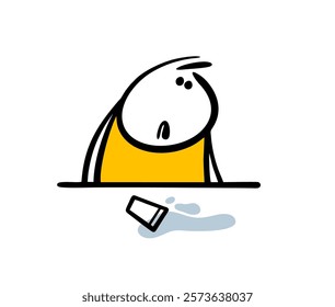 Stickman sits at the table and looks at the spilled water. Vector illustration of a playful child knocking over a glass of milk. A man eats lunch and drinks. Doodle character isolated on white.