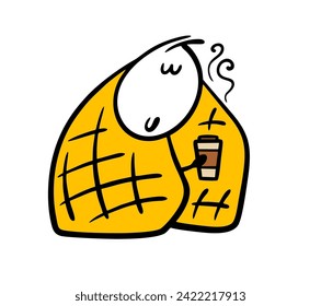 Stickman is sitting at home wrapped in warm blanket and drinking hot coffee or tea. Vector cozy illustration o man relaxed and holding a cup. Isolated caricature character indoor on white background.