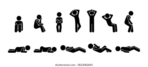 Stickman sleep and relax poses icon set. Vector pictogram of people resting, lying down, sitting, relaxing, sleeping, meditation, fatigue, stress relief, tired person, simple human silhouette.