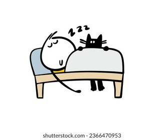 Stickman sleeps on the bed under a blanket, the cat wakes him up with a meow. Vector illustration of a black pet and a carefree owner. Doodle character isolated on white background.