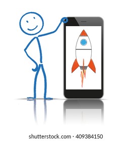 Stickman with smartphone and rocket on the white background. Eps 10 vector file.