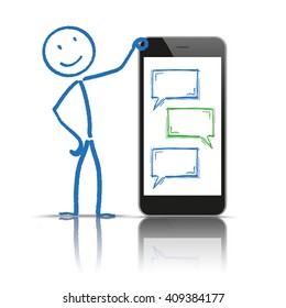 Stickman with smartphone and speech bubbles on the white background. Eps 10 vector file.