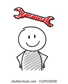 Stickman with smiley facial expression holiding wrench (success concept) icon. Vector.