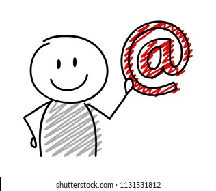 Stickman with smiley facial expression holiding email adress icon. Vector.