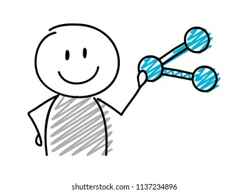 Stickman with smiley facial expression holiding share (social media) icon. Vector.