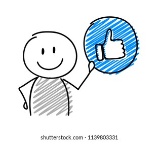 Stickman with smiley facial expression holiding thumb (social media) icon. Vector.